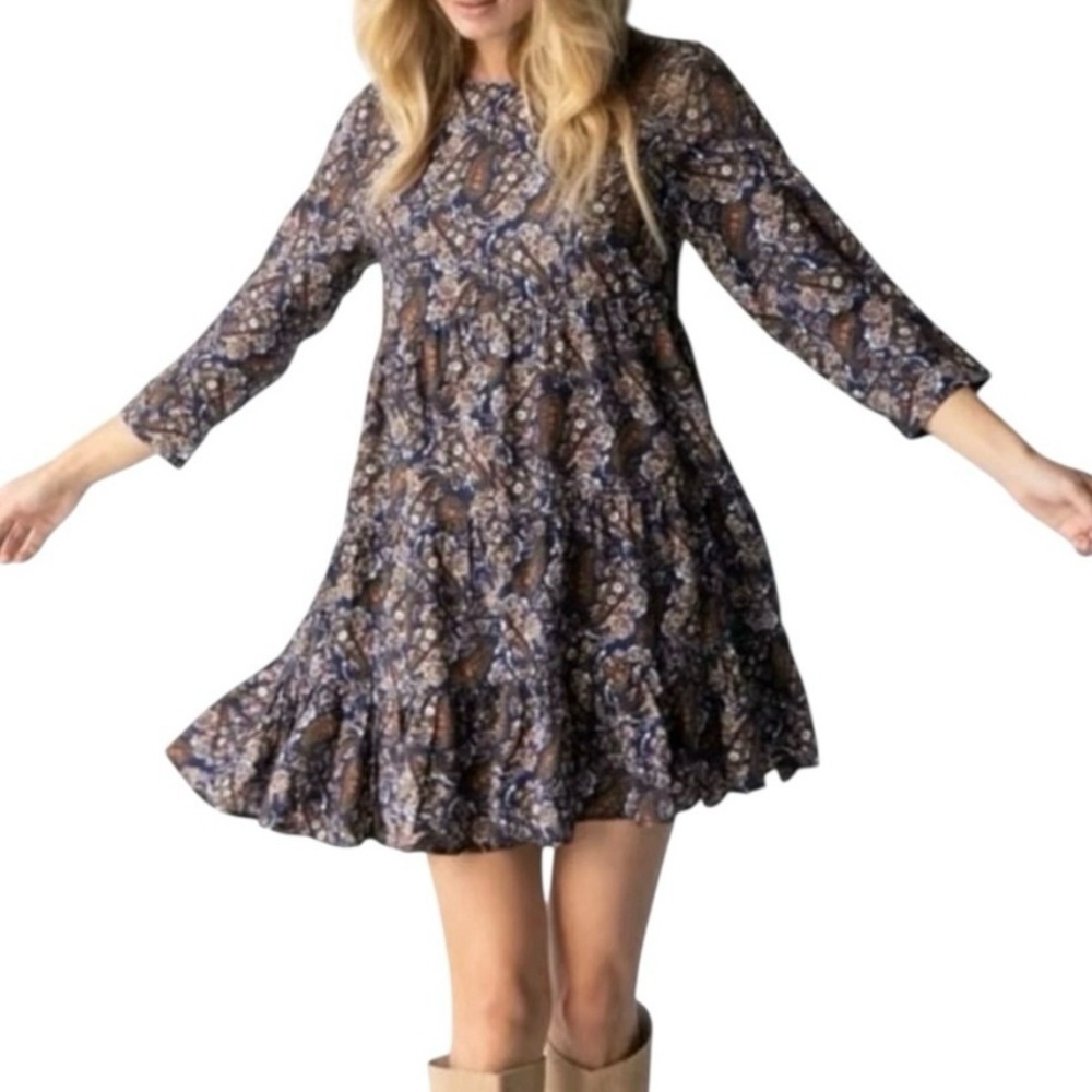 Boho Tiered Long-Sleeve Navy Heidi Dress